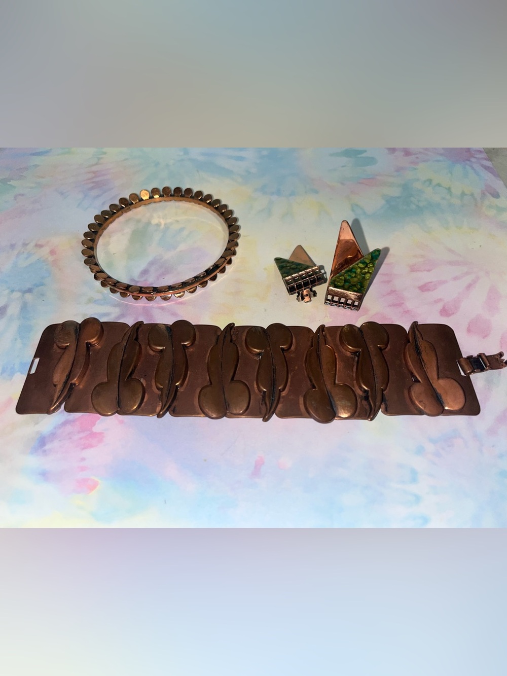 Vintage 1950s Renoir Copper Jewelry Lot Bracelet Clip On Earrings